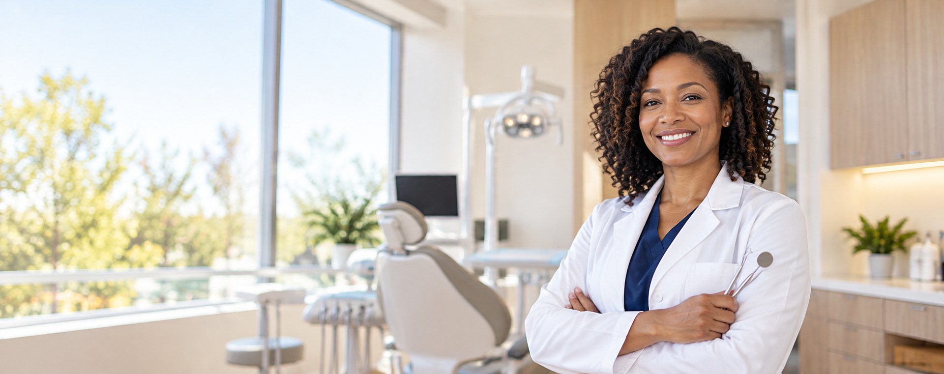 Dentist standing in her treatment room